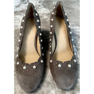 Botkier Gray Suede Pearl Rhinestone Accented Block Heels Womens Size 7 NEW